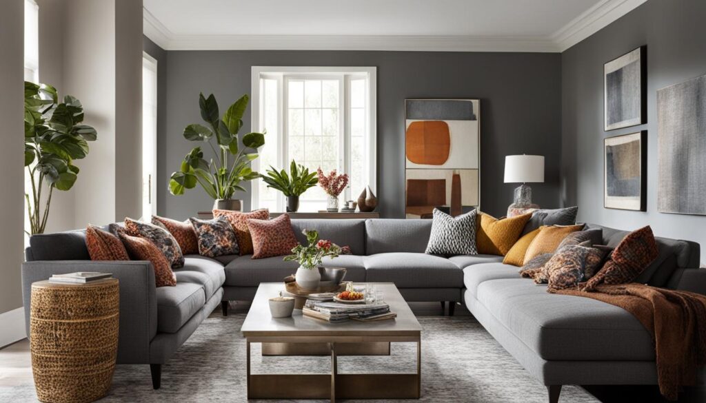 graues Sofa mit mutigen Mustern kombinieren